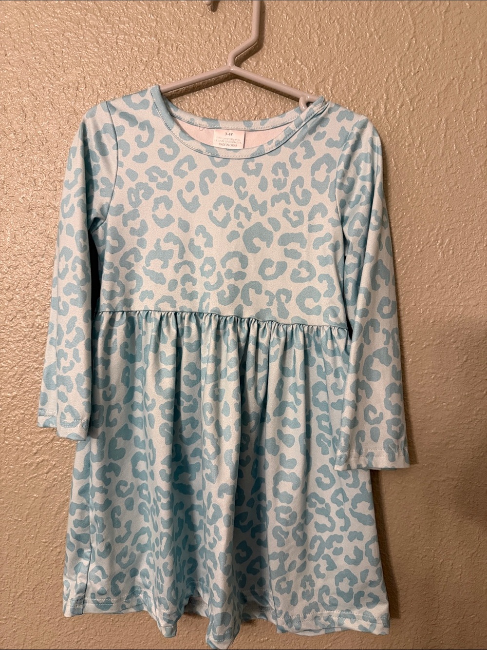 Girls Light Blue Leopard-Print Long Sleeve Dress